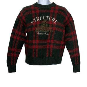 Structure Vintage 1990's 100% Wool Thick Plaid Embroidered Pullover Sweater XL